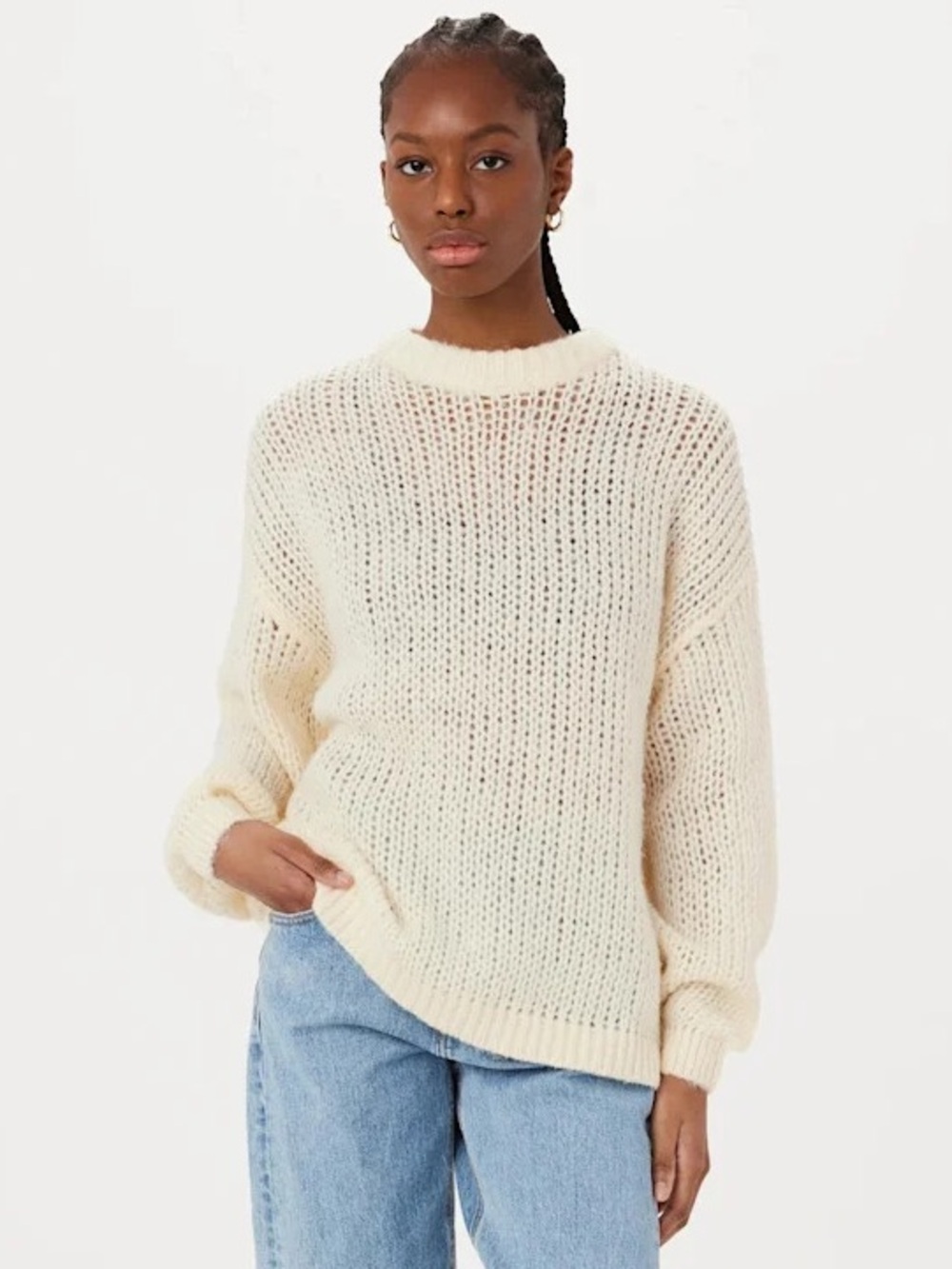 NWT Frank & Oak "The Loose Crewneck Sweater" Fuzzy Open Knit Cream Size L